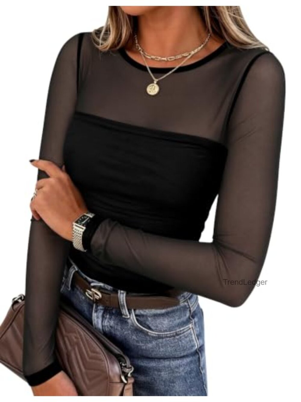 Sheer Mesh Long Sleeve Blouse Pleated Going Out Top